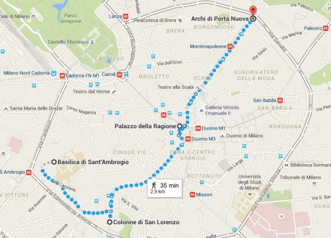Fig. 17: Ipotesi di un percorso turistico delle iscrizioni reimpiegate nel centro di Milano