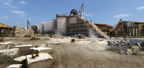 Fig. 2 : La construction de l’enceinte amena une profonde modification de la physionomie urbaine. Elle s’accompagna du démantèlement de tout le centre monumental ainsi que de la déconstruction des quartiers d’habitation situés sur son tracé. Extrait de la vue à 360° représentant le chantier de construction durant le Bas-Empire