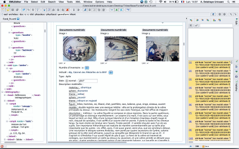 Fig. 1 : Capture d’écran d’un objet et de ses métadonnées encodés sous XMLmind XML Editor