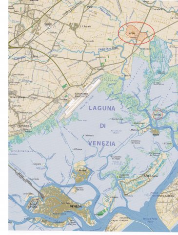 Fig. 6 : Planimétrie de la Lagune nord. En rouge, l’ancien site d’Altinum