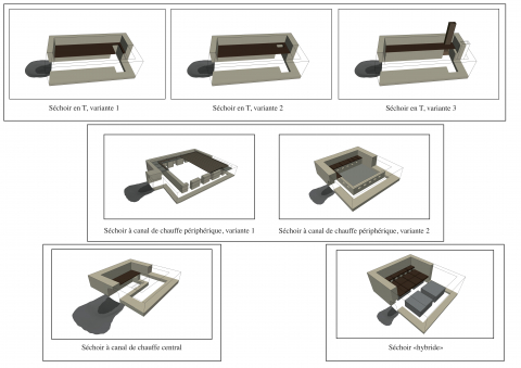 Fig. 7 : Modèles 3D pour les séchoirs en T, à canal de chauffe périphérique, à canal de chauffe central et hybride (DAO Chabrol E.)