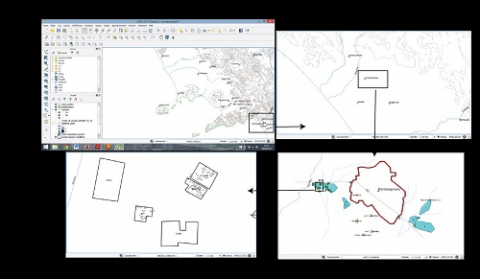 Fig. 2 : Capture d’écran : fonds de carte QGIS, de l’échelle régionale à l’échelle intra-site