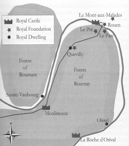 Fig. 4 : Rouen et ses environs sous les ducs © Fanny Madeline, « Rouen and its place in the building policy of the angevin kings », dans Society and culture in medieval Rouen, 911-1300, dir. L. Van Hicks, E. Brenner, Turnhout , 2013, p. 67, map. 8