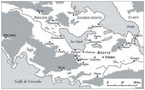 Fig. 1 : Carte générale de la Béotie à l’époque archaïque © Julien Zurbach, « carte 2 : la Béotie d’Hésiode »