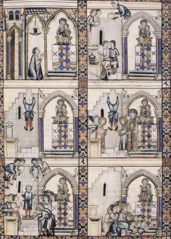 Fig. 1 : Florence, Bibliothèque nationale centrale, ms. B. R. 20 (vers 1281-1284). Détail (fol. 88) : Le maçon miraculeusement sauvé © Arsenio FRUGONI, Chiara FRUGONI, Une journée au Moyen Âge, Paris, Les Belles Lettres, 2011, p. 104