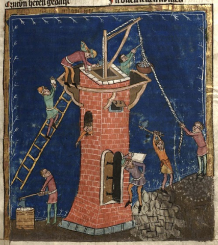 Fig. 2 : HLB Fulda Aa 88 (vers 1350-1375) Détail (fol. 16r) : Construction de la tour de Babel © Wikimédia commons, libre de droits d’auteurs. La représentation du chantier montre de gauche à droite un ouvrier préparant du mortier à l’aide d’un bouloir, un ouvrier transportant un bloc de pierre sur le dos, un autre piochant tandis que le dernier fait monter, à l’aide d’une corde passant dans une poulie un panier de pierres, celui-ci réceptionné à son tour par un autre ouvrier. Deux ouvriers, montant sur une échelle, approvisionnent également le chantier