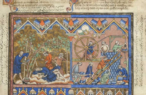 Fig. 3 : New York, Pierpont Morgan Library, Manuscript. M.638 (vers 1244-1254). Détail (fol. 3r) : Construction de la tour de Babel © The Morgan Library & Museum, 225 Madison Avenue, New York, NY 10016, (212) 685-0008