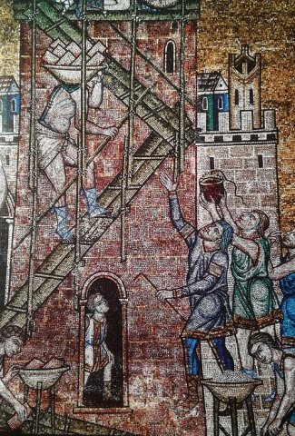 Fig. 5 : Mosaïque Basilique Saint-Marc, Venise (vers 1220-1230). Détail : Construction de la tour de Babel © François ICHER, Les œuvriers des cathédrales, Paris, Éditions de la Martinière, 2012, p. 98.