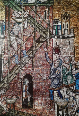 Fig. 5 : Mosaïque Basilique Saint-Marc, Venise (vers 1220-1230). Détail : Construction de la tour de Babel © François ICHER, Les œuvriers des cathédrales, Paris, Éditions de la Martinière, 2012,  p. 98.