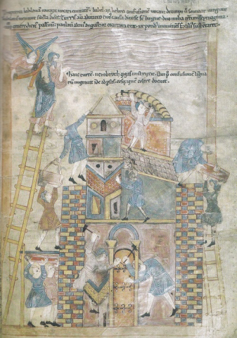 Fig. 6 : Londres, British Library, ms Cotton Claudius B. IV (vers 1025-1050). Détail (fol. 19) : Construction de la tour de Babel. © Emmanuelle JEANNIN, Chantiers d'abbayes, Moisenay, Éditions Gaud, 2008, p. 51.