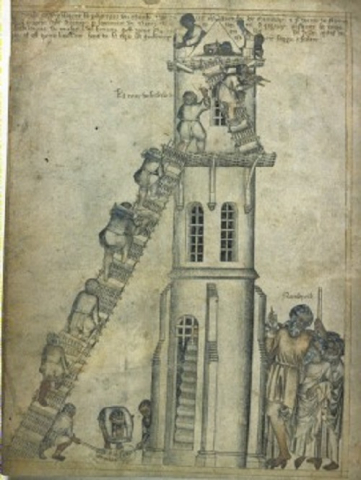 Fig. 7 : Londres, British Library, ms Egerton 1894 (vers 1360). Détail (fol. 5v) : Construction de la tour de Babel. © François ICHER, Les œuvriers des cathédrales, Paris, Éditions de la Martinière, 2012,  p. 98.
