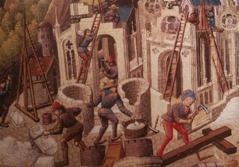 Fig. 11 : Mâcon, BM, ms. 1 (vers 1480). Détail (fol. 172) : Construction du temple de la vertu  © Emmanuelle JEANNIN, Chantiers d'abbayes, Moisenay, Éditions Gaud, 2008, p. 25.