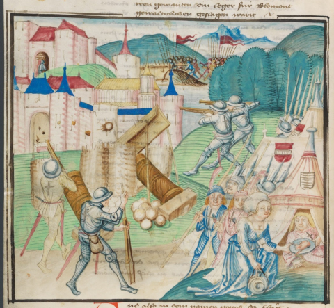 Fig. 1 : Berne, Burgerbibliothek, Manuscrit Mss.h.h.l.3. Détail (fol. 218v) : Attaque de la ville de Blamont par les Confédérés (juillet-août 1475) © https://www.e-codices.ch