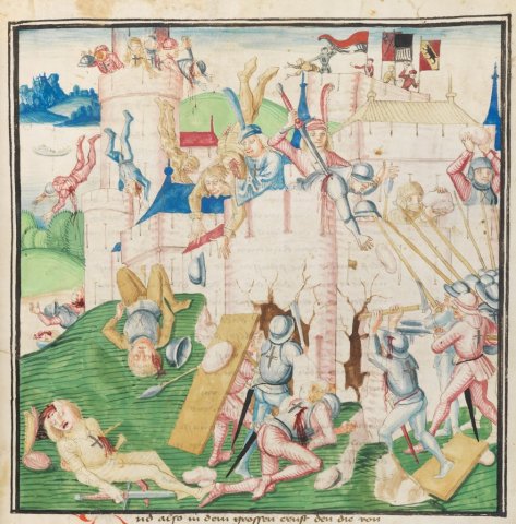 Fig. 2 : Berne, Burgerbibliothek, Manuscrit Mss.h.h.l.3. Détail (fol. 182r) : Attaque de la ville d’Orbe par les Confédérés (avril-mai 1475) © https://www.e-codices.ch