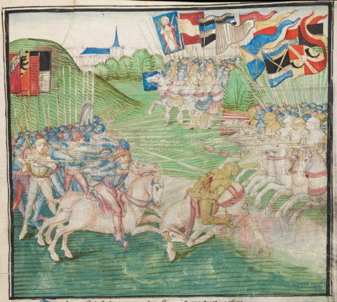 Fig. 3 : Berne, Burgerbibliothek, Manuscrit Mss.h.h.l.3. Détail (fol. 324r) : Lors de la bataille de Grandson, un Bernois tue le seigneur de Châteauguyon © https://www.e-codices.ch