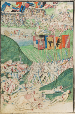 Fig. 4 : Berne, Burgerbibliothek, Manuscrit Mss.h.h.l.3. Détail (fol. 325v) : La dernière phase de la bataille de Grandson, les Bourguignons prennent la fuite © https://www.e-codices.ch