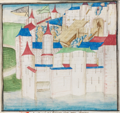 Fig. 5 : Berne, Burgerbibliothek, Manuscrit Mss.h.h.l.3. Détail (fol. 305r) : Un coup de couleuvrine emporte la tête du Büchsenmeister des Confédérés lors du siège de Grandson © https://www.e-codices.ch