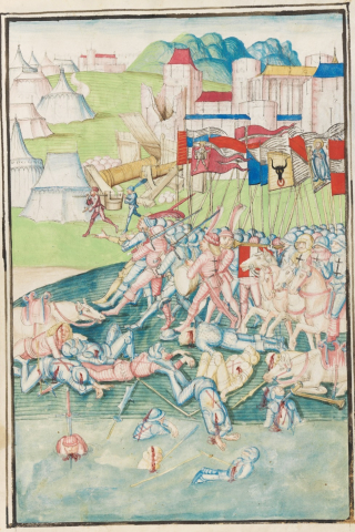 Fig. 6 : Berne, Burgerbibliothek, Manuscrit Mss.h.h.l.3. Détail (fol. 392r) : Déplacement des troupes confédérées avec leurs musiciens © https://www.e-codices.ch