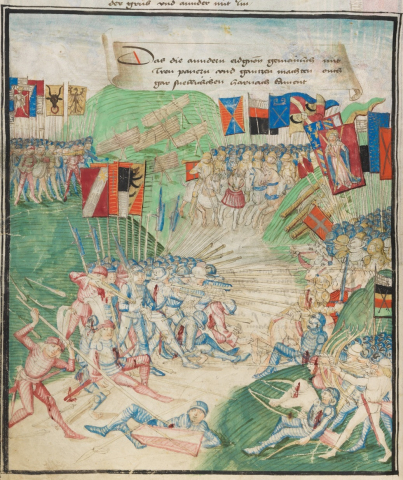 Fig. 7 : Berne, Burgerbibliothek, Manuscrit Mss.h.h.l.3. Détail (fol. 324v) : Bataille de Grandson (2 mars 1476) © https://www.e-codices.ch