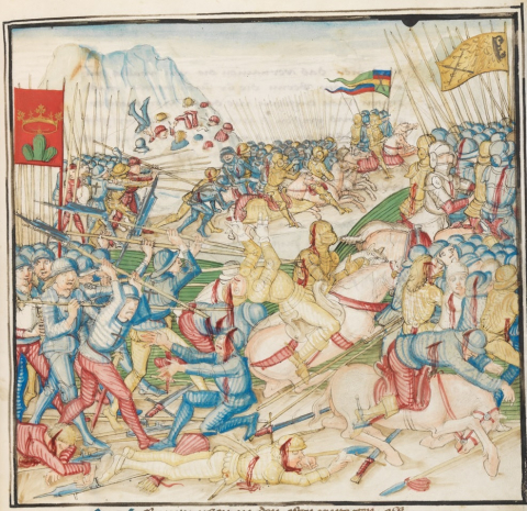 Fig. 8 : Berne, Burgerbibliothek, Manuscrit Mss.h.h.l.3. Détail (fol. 281r) : Bataille de Sembrancher (17 avril 1476) © https://www.e-codices.ch
