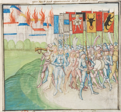 Fig. 9 : Berne, Burgerbibliothek, Manuscrit Mss.h.h.l.3. Détail (fol. 425r) : Après la bataille de Nancy, les Confédérés se rendent dans le camp bourguignon © https://www.e-codices.ch
