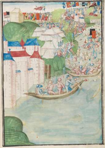 Fig. 10 : Berne, Burgerbibliothek, Manuscrit Mss.h.h.l.3. Détail (fol. 382r) : Déroute des Bourguignons devant Morat, une partie des fuyards est poussée dans le lac par les Confédérés © https://www.e-codices.ch