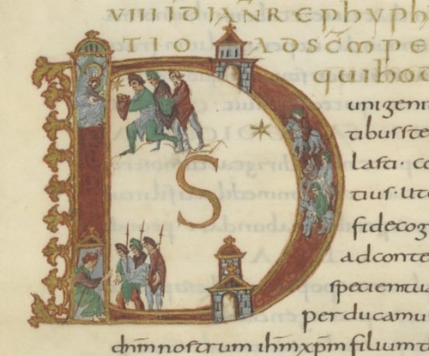 Fig. 1 : Paris, Bibliothèque nationale de France, Latin 9428, Sacramentaire dit de Drogon, IXe siècle, f. 34v. Détail : cycle des Mages © Source gallica.bnf.fr