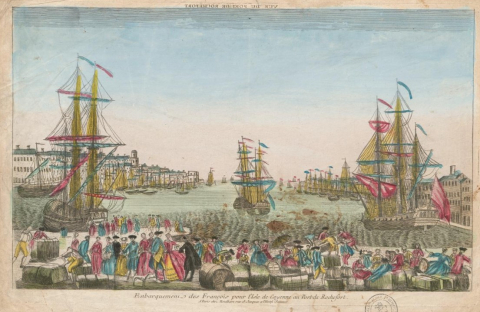 Fig. 1 : Embarquements des Français pour l’île de Cayenne au port de Rochefort, estampe de Louis-Joseph Mondhare, 27,8 x 44 cm, Paris, Chez Mondhare, XVIIIe siècle, Bibliothèque Municipale de Valenciennes, G-F18MON0004