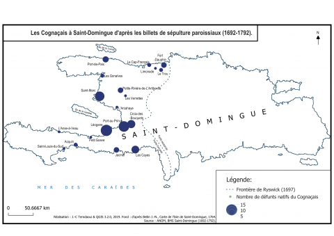 Fig. 3 : L’implantation des Cognaçais ayant traversé l’Atlantique à Saint-Domingue d’après les mentions d’origine des billets de sépulture paroissiaux (1692-1792)