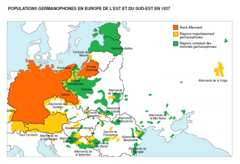 Fig. 1 : Populations germanophones en Europe de l’Est et du Sud-Est en 1937
