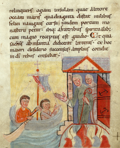 Fig. 1 : Valenciennes, Bibliothèque municipale, Première Vie de saint Amand, ms. 502 (fin XIe-début XIIe siècles). Folio 6 : Saint Amand arrivant à l'île d'Yeu pour se faire moine