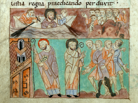 Fig. 3 : Valenciennes, Bibliothèque municipale, Première Vie de saint Amand, ms. 502 (fin XIe-début XIIe siècles). Folio 18v : Saint Amand et l'évangélisation des Slaves, au-delà du Danube