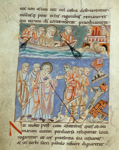 Fig. 4 : Valenciennes, Bibliothèque municipale, Première Vie de saint Amand, ms. 502 (fin XIe-début XIIe siècles). Folio 22v : Saint Amand à l'île de Chanelaus