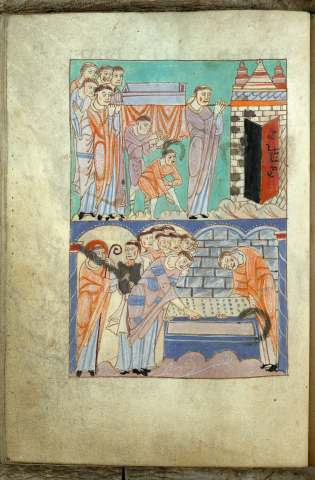 Fig. 6 : Valenciennes, Bibliothèque municipale, Première Vie de saint Amand, ms. 502 (fin XIe-début XIIe siècles). Folio 30v : Funérailles de saint Amand