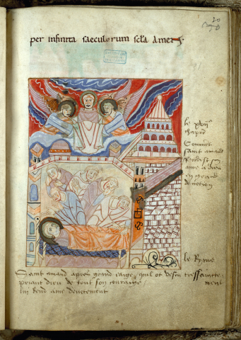 Fig. 5 : Valenciennes, Bibliothèque municipale, Première Vie de saint Amand, ms. 502 (fin XIe-début XIIe siècles). Folio 30 : Mort et ascension de l'âme de saint Amand