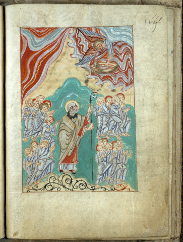 Fig. 7 : Valenciennes, Bibliothèque municipale, Première Vie de saint Amand, ms. 502 (fin XIe-début XIIe siècles). Folio 119 : La vision de l'apothéose de saint Amand