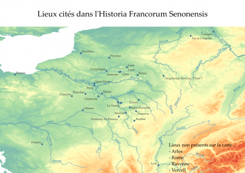 Fig. 2 : Carte des lieux mentionnés dans l’Historia Francorum Senonensis © Damien Varenne