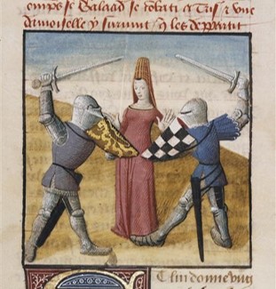 Fig. 2 : Espinques d’Evrard, XVe siècle, Roman du chevalier Tristan et de la reine Yseult, Chantilly, Musée Condé, Ms. 647, fol. 88r © GrandPalaisRmn (Domaine de Chantilly) / Agence Bulloz