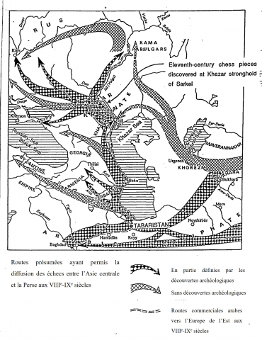Fig. 5 : Carte de diffusion et routes présumées des échecs entre l’Asie centrale et l’Europe © Keats, 1993, p. 57