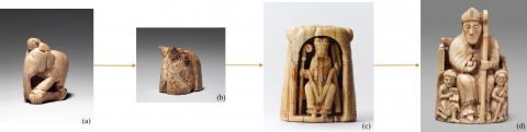 Fig. 7 : (a) Éléphant d’échecs attribué aux terres islamiques occidentales, ivoire, XIe-XIIe siècle, © MET Museum ; (b) Fou d’échecs, Nishapur, Iran, ivoire, IXe-XIIe siècle, © MET Museum ; (c)Évêque d’échecs, ivoire, Cologne (?), datation inconnue, © MET Museum ; (d) Évêque d’échecs, ivoire, Trondheim (?), IXe-XIIe s., © MET Museum
