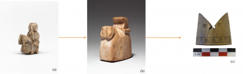 Fig. 9 : (a) Char d’échecs attribué aux terres islamiques occidentales, ivoire, XIe-XIIe siècle, © MET Museum ; (b) Char d’échecs attribué aux terres islamiques occidentales, ivoire, VIIe-VIIIe siècle, © MET Museum ; (c) Tour d’échecs, bois de cervidé, Pineuilh, seconde moitié du XIe s., © H. Sarmento Pedro