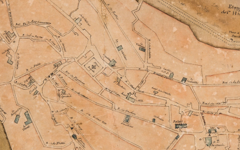 Fig. 1 : Poitiers. BM Poitiers, PL13. Anonyme. Plan topographique de la Ville de Poitiers. Poitiers, s. n., 1786. Détail : Salle de spectacle de Poitiers, de plan circulaire, à la jonction entre la rue de la Comédie et rue d’Enfer.