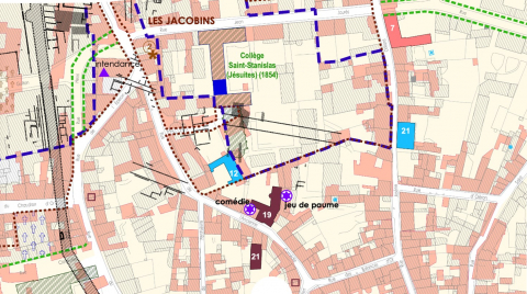Fig. 2 : Poitiers. Grand Poitiers. DRAC Poitou-Charentes. Plan historique de la ville de Poitiers. Document annexe au « Cahier I du rapport de Présentation du plan de sauvegarde et de mise en valeur », 2021. Détail : Plan de la Comédie de Poitiers, rue de l’Ancienne comédie.
