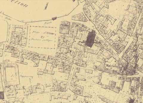 Fig. 3 : Poitiers. AD Vienne. Cadastre, 4P1177-1188, Cadastre de Poitiers, folio 62. Détail : Plan du théâtre de Poitiers, place d’Armes.