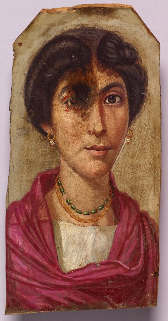 Fig. 13 : Portrait de femme, vers 160-180 apr. J. C., Bois peint à l’encaustique, Hawara, (fouilles F. Petrie 1888), Londres