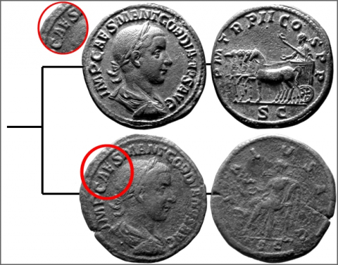 Fig. 7a : liaison par le coin de droit entre deux sesterces (240 ap. J.-C.).