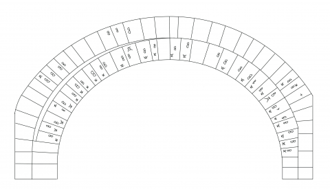 Fig. 9 – Sainte-Foy de Conques, exemple d’une composition constante des marques doubles, face sud de la grande arcade nord, cinquième travée de la nef.