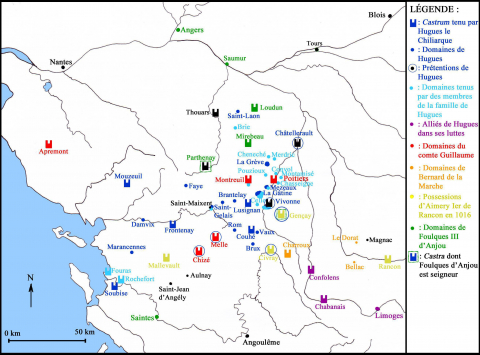Fig. 3 : les domaines de la famille de Lusignan et les lieux cités par le Conventum
