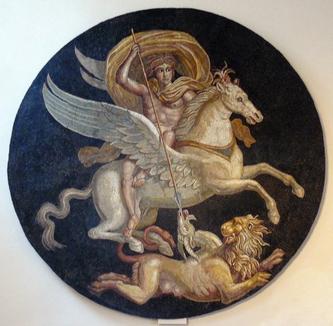 Fig. 1 : Mosaïque dite du Bellérophon d’Autun (Saône-et-Loire), Cité des Éduens,  IIe siècle. Musée Rolin d’Autun