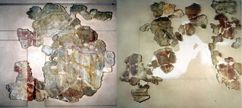 Fig. 3 : Peintures murales du site de Vaulabelle à Auxerre (Yonne) : nymphe et paysage sacro-idyllique. Cité des Éduens. 2e moitié du Ier siècle